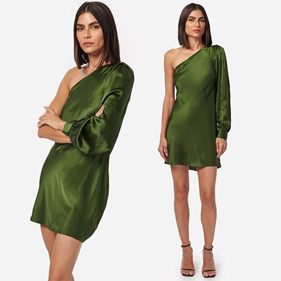 NWT Cami NYC Juanita Silk One-Shoulder Long Sleeve Rosemary Green Mini Dress 375